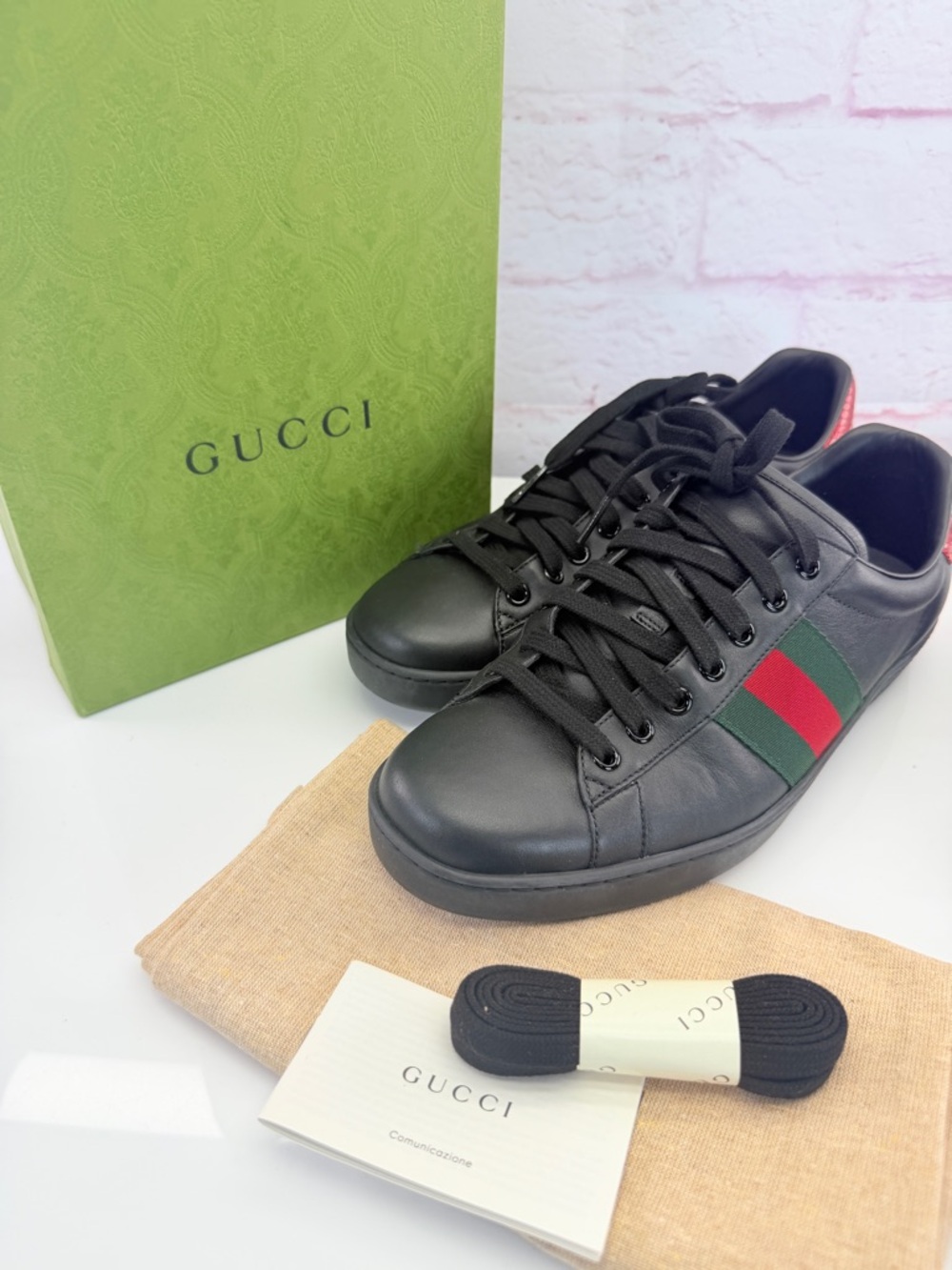 Gucci Ace Leather "Black" Trainers Sneakers 386750 8.5 - Picture 8 of 8